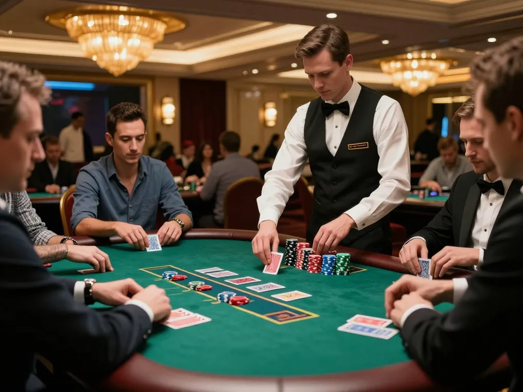 F8BET players experiencing an intense blackjack game with a professional dealer at an upscale casino table.