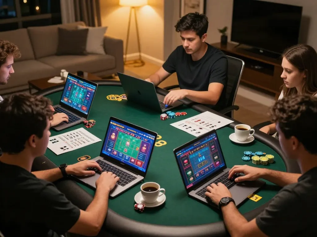 Players strategizing high-stakes poker in their home, showcasing f8beta2 online casino excitement.