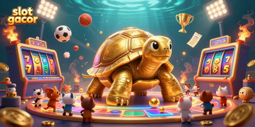 Engage in thrilling slot gacor gameplay with a golden tortoise and dynamic casino elements.