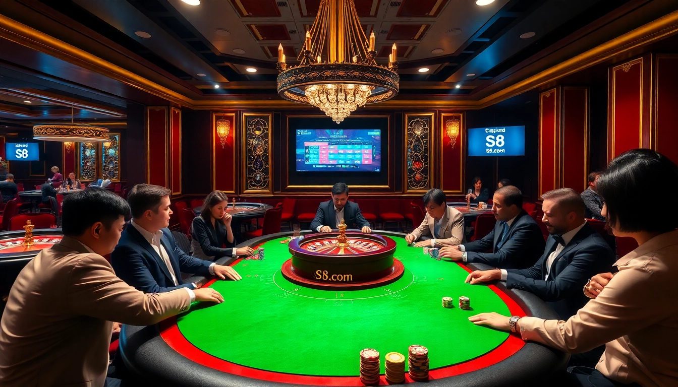 Players enjoying poker at a luxurious S8.com casino, surrounded by colorful chips and a vibrant atmosphere.