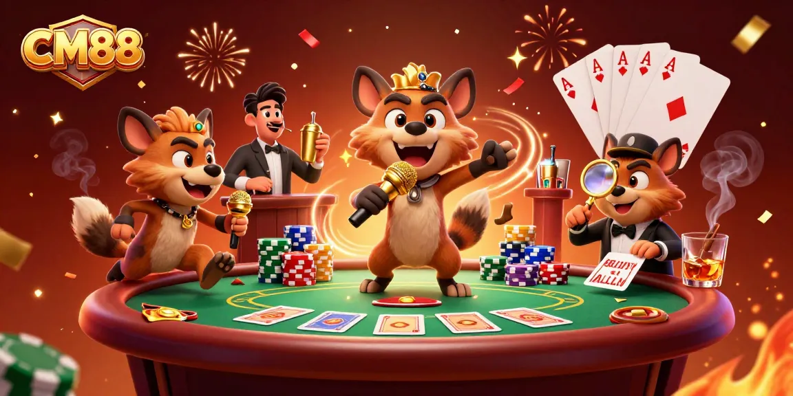 Experience the excitement of CM88 with a vibrant casino scene featuring hyenas as entertainers.