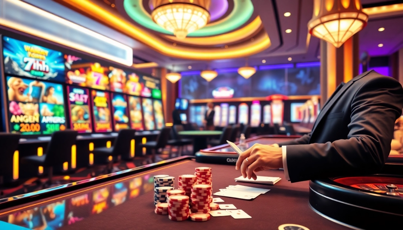 Experience thrilling casino action with 7hh, featuring vibrant slot machines and poker chips.