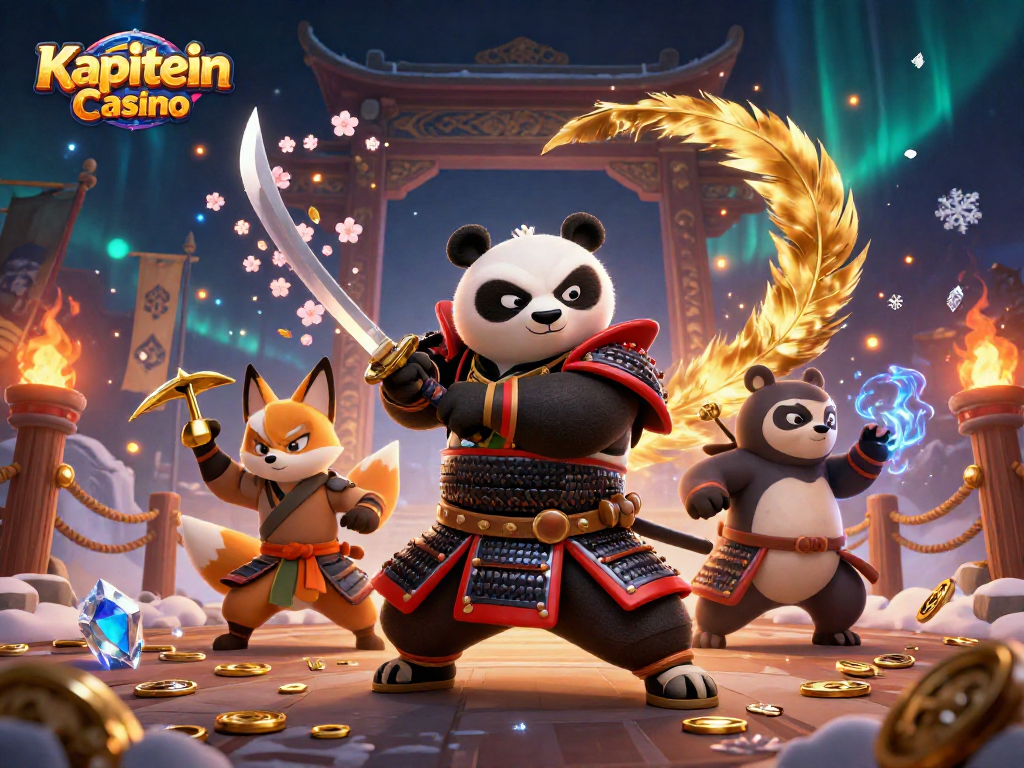 Kapitein Casino menawarkan ilustrasi 3D penuh aksi dengan samurai panda dan rekan ninja.