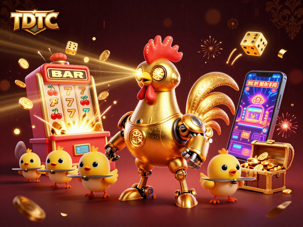 Engage in thrilling TDTC slot gaming with an explosive golden rooster robot and treasure elements.