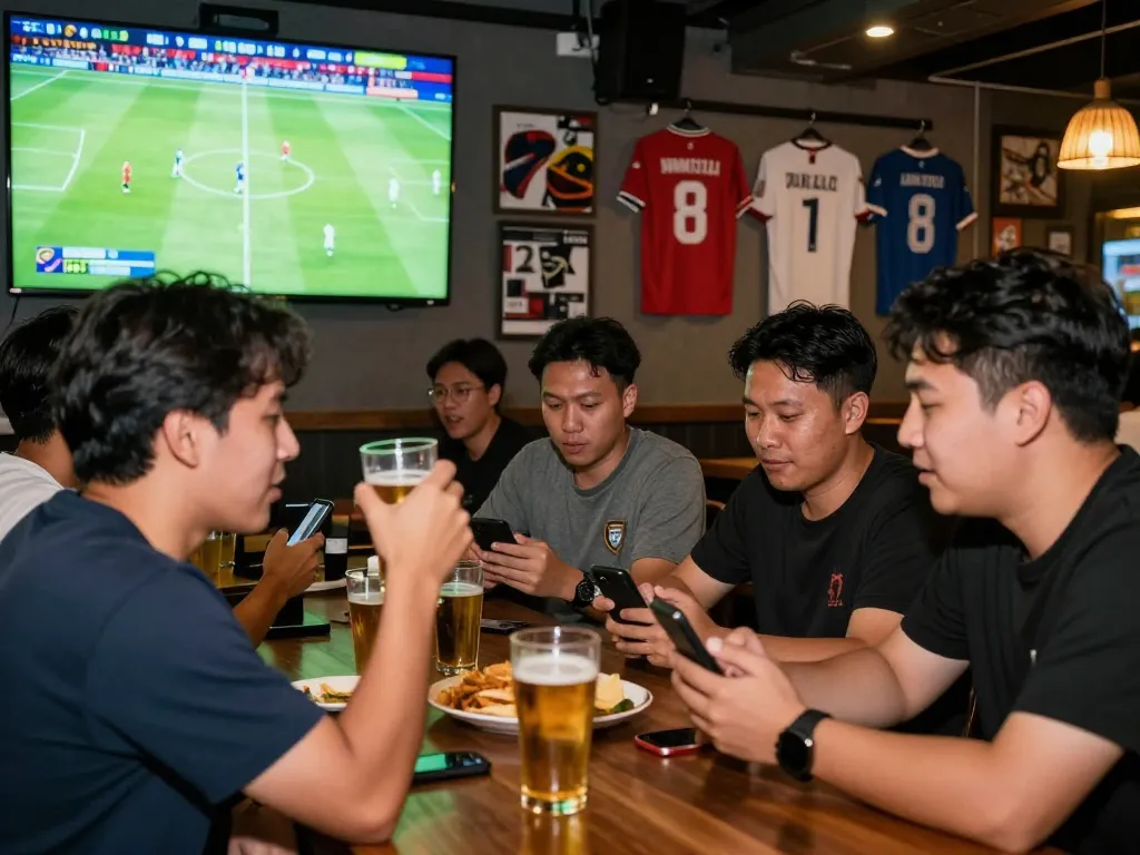Friends enjoying Judi Bola betting at a lively sports bar with football action on the screen.