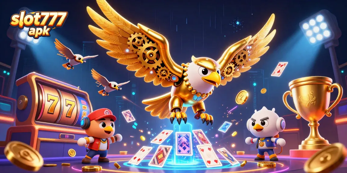 Spin in excitement with slot777 apk, showcasing a golden eagle amid vibrant casino elements.