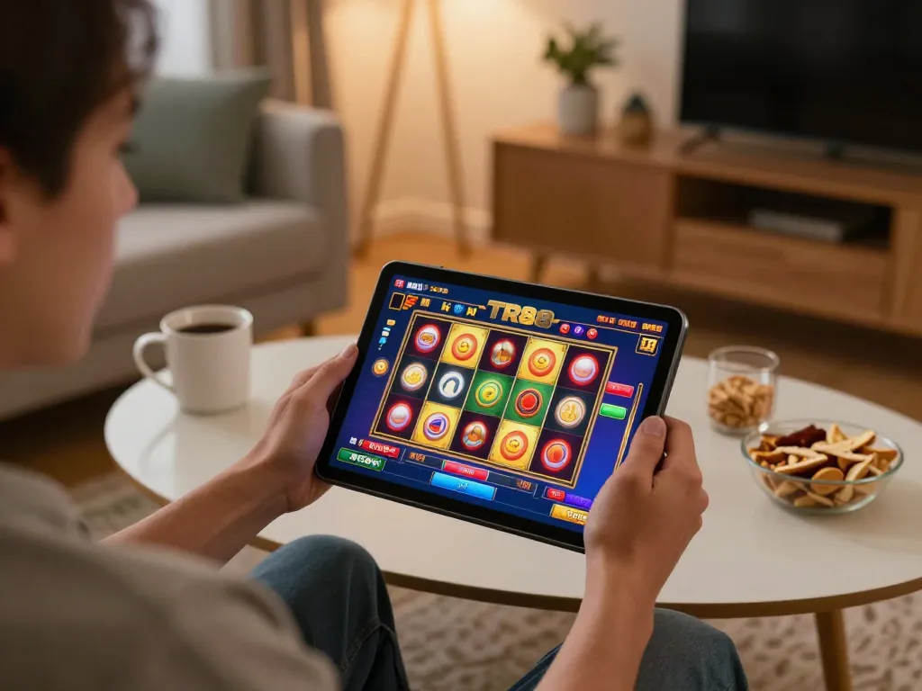 Player enjoying TR88 online slots from a cozy home setup while sipping coffee.