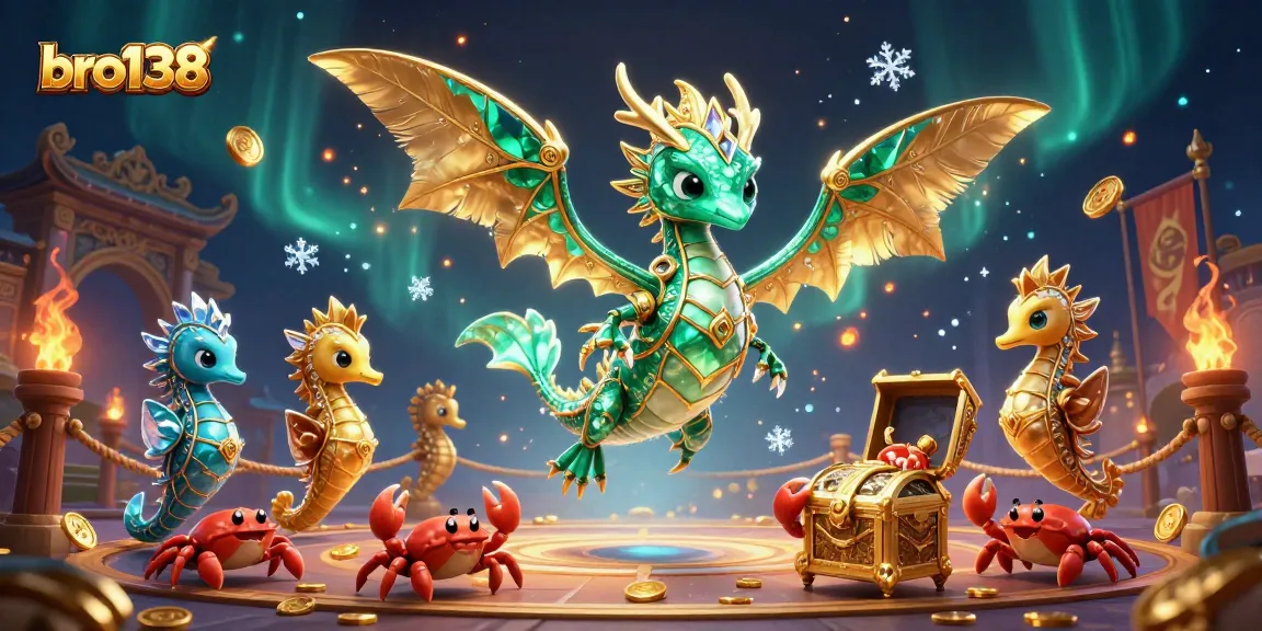 Menangkan jackpot di bro138 dengan ilustrasi kasino penuh aksi ini, menampilkan naga laut 3D dan peti harta karun.