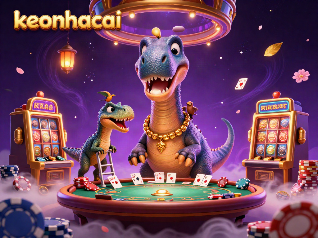 Engage with keonhacai casino action featuring a playful brontosaurus and raptor dealer in a detailed poker scene.