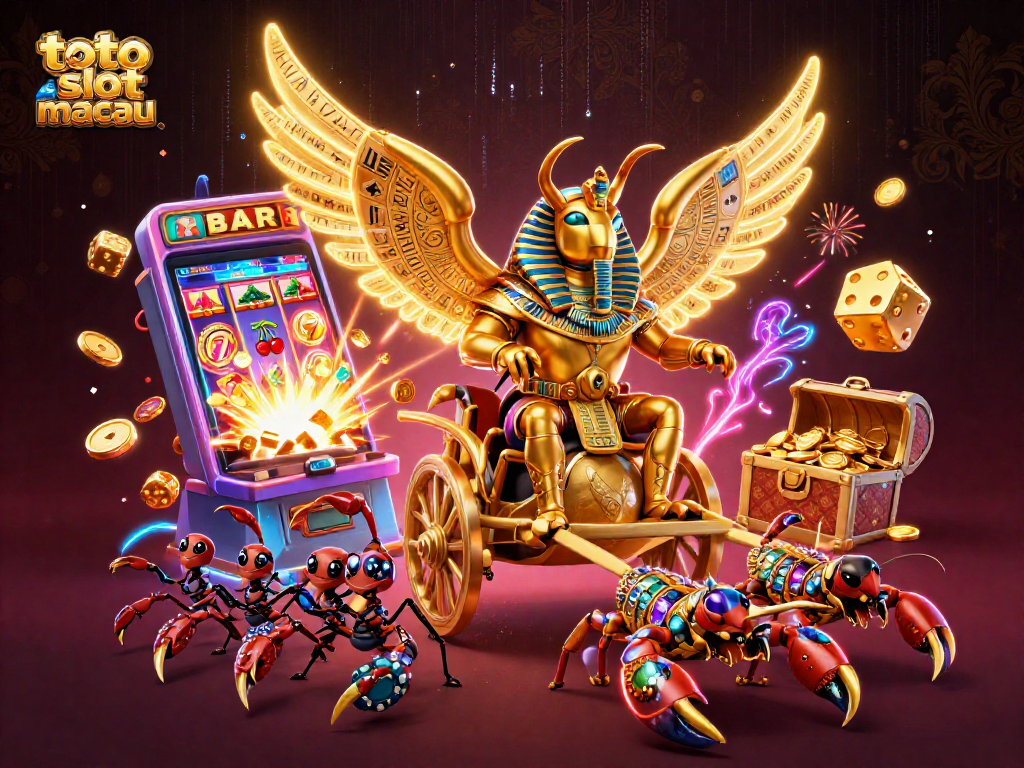 Spin the jackpot at toto slot macau with the vibrant 3D golden beetle and scorpions amidst casino chaos!