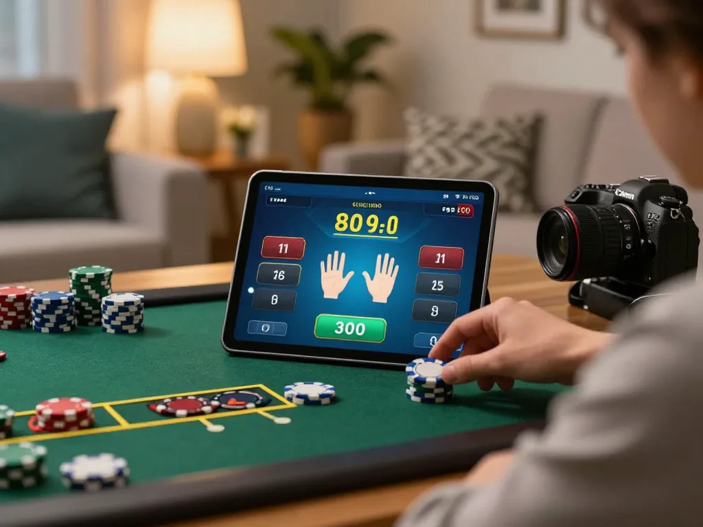 Engaged gamer placing a bet in online blackjack, showcasing gameradar for strategic betting.