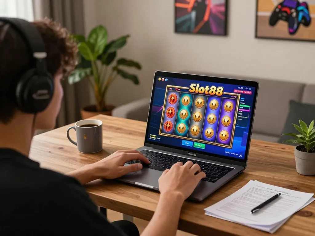 Engaging gamer experiencing the excitement of Slot88 on a laptop from a stylish home workspace.