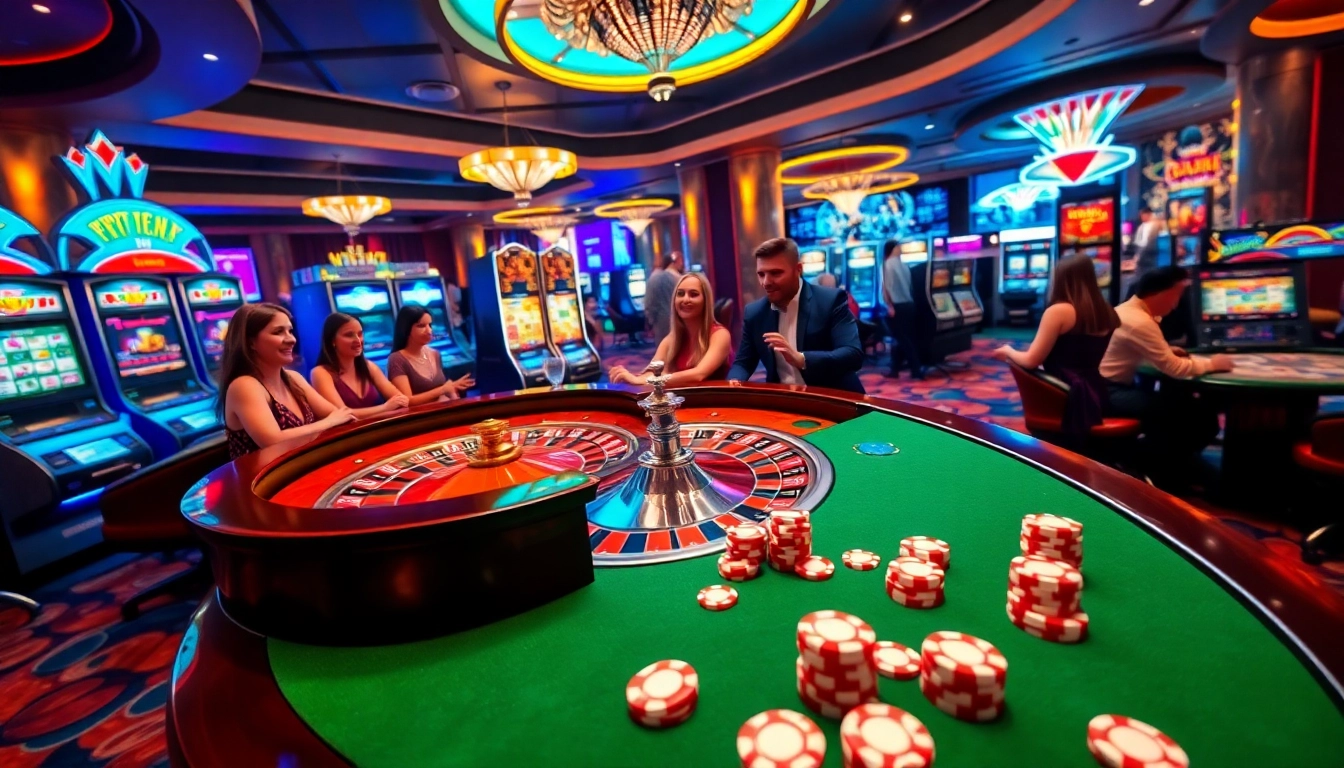 Players enjoying 777vip gaming experience at a vibrant casino table with slots and roulette.