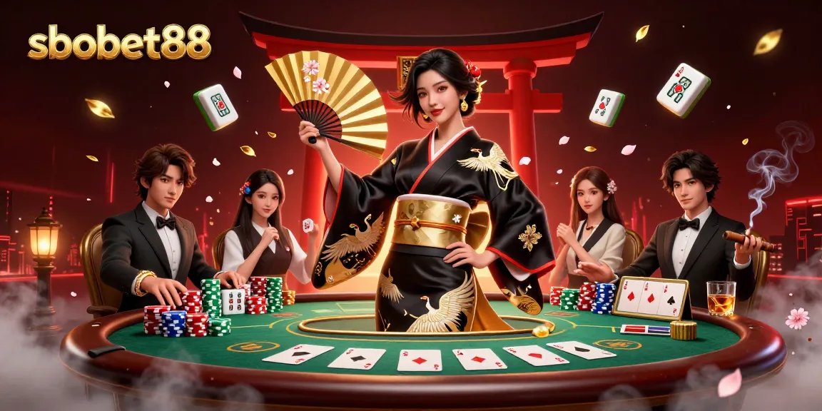 Bet and win with sbobet88 at a vibrant casino scene featuring an elegant woman and poker elements.