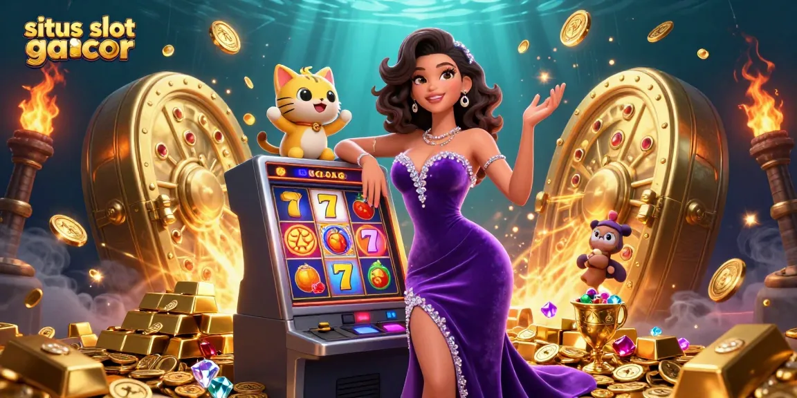 Spin and win with situs slot gacor, featuring a woman beside a jackpot slot machine and a fortune cat mascot.