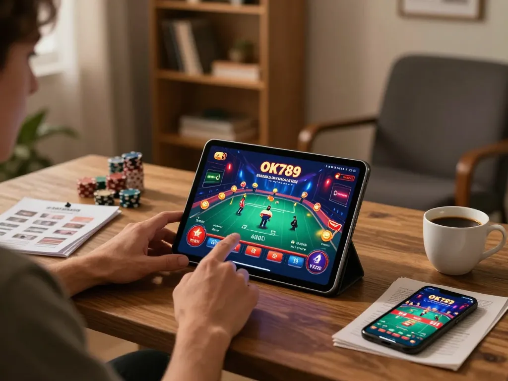 Player using the OK789 app on a tablet for engaging casino gameplay in a cozy home setting.