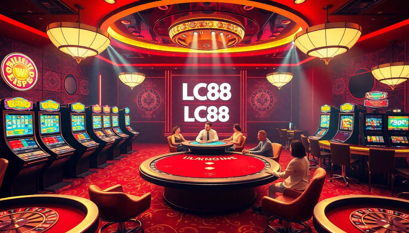 Experience the thrill of LC88 with vibrant casino visuals featuring poker tables and slot machines.