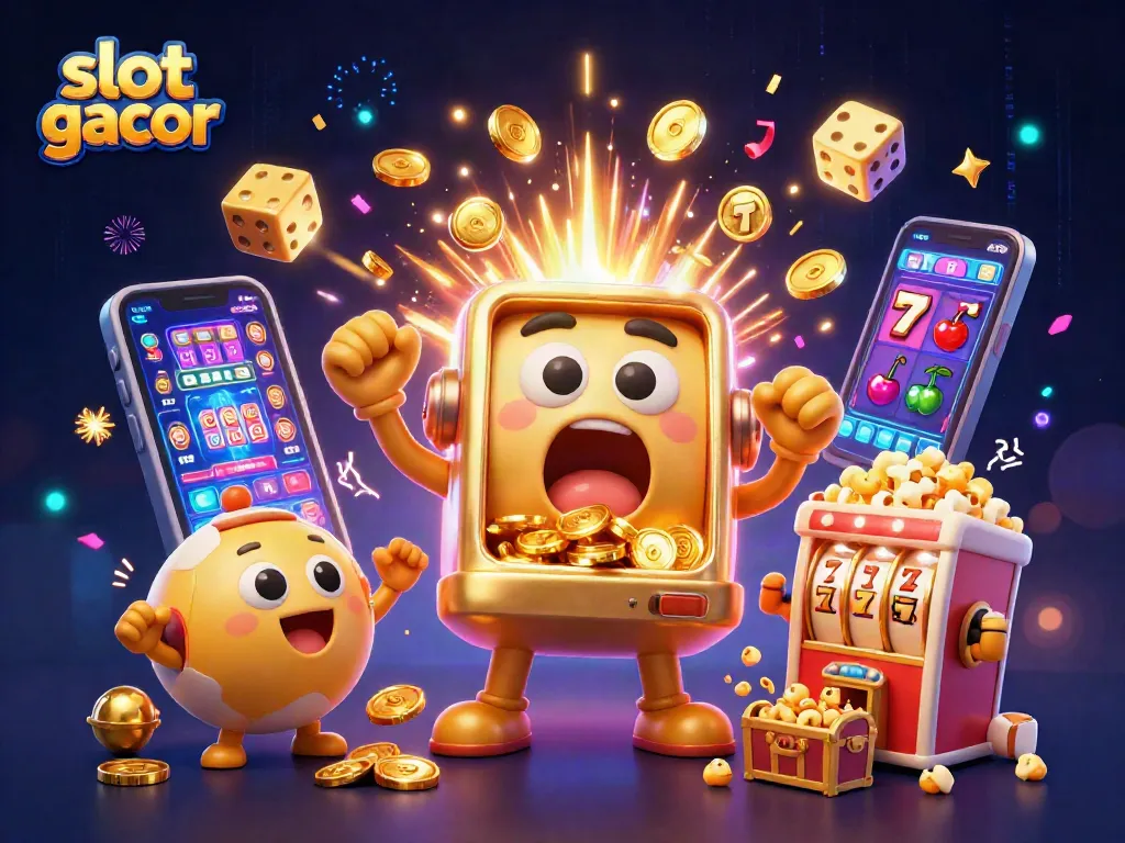 Slot gacor menghibur dengan mesin slot emas yang memenangkan jackpot di tengah harta karun.