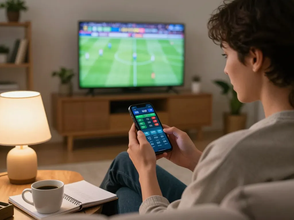 Cách đọc kèo bóng đá while betting on sports in a cozy living room.