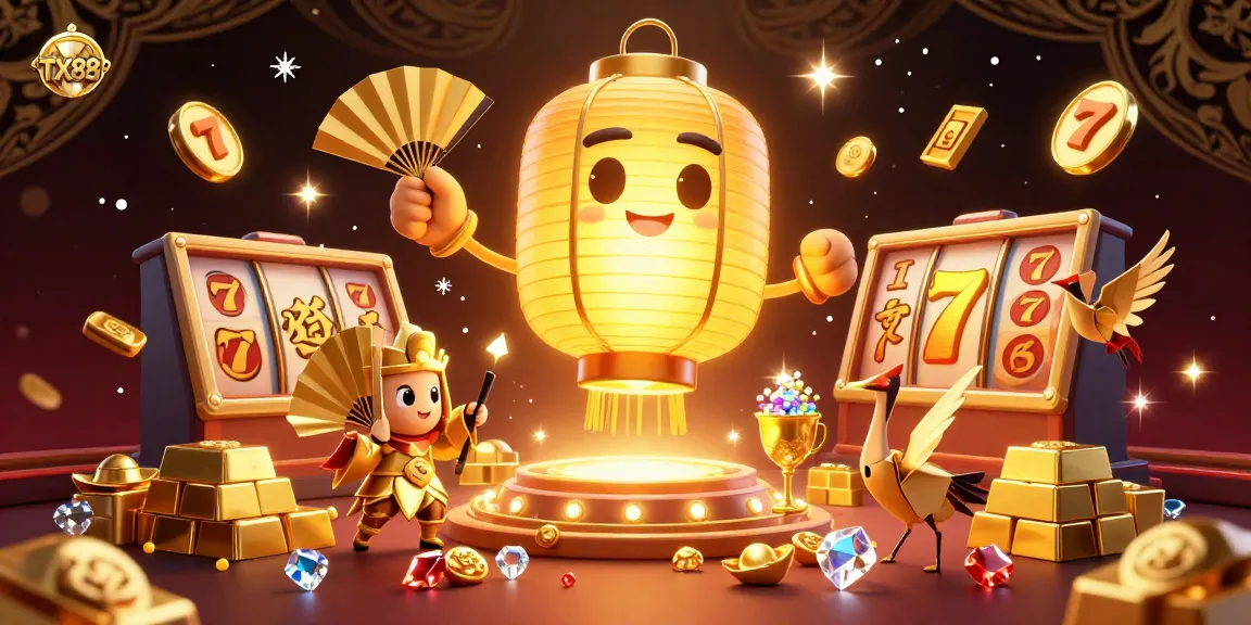 Experience thrilling gameplay at TX88 with vibrant slots and golden treasures in a stunning casino illustration.