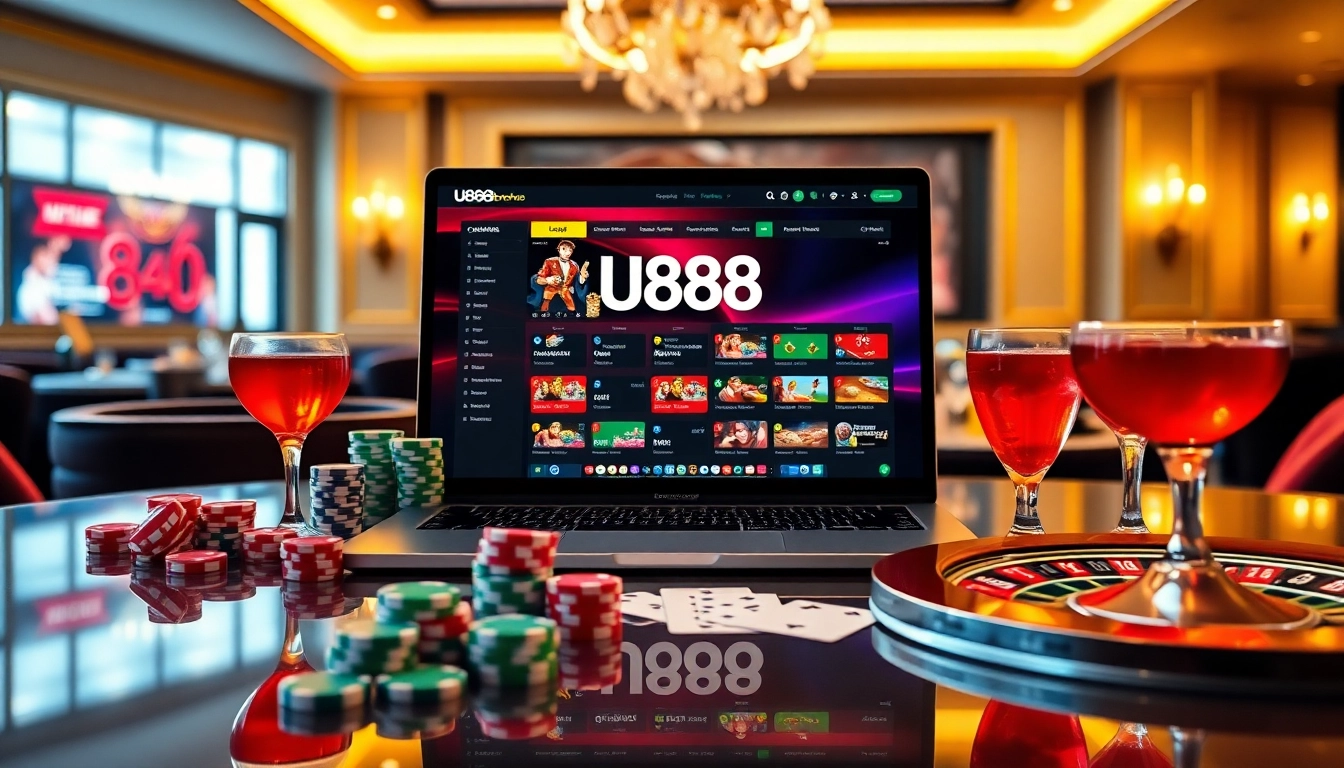 Experience excitement with U888.broker showcasing vibrant poker chips and a roulette wheel.