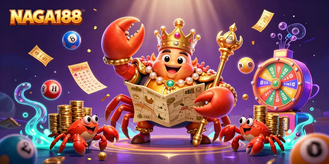 NAGA188 menghadirkan ilustrasi kasino yang menonjol dengan kepiting emas, bola lotere berwarna, dan kartu bingo yang mengagumkan.