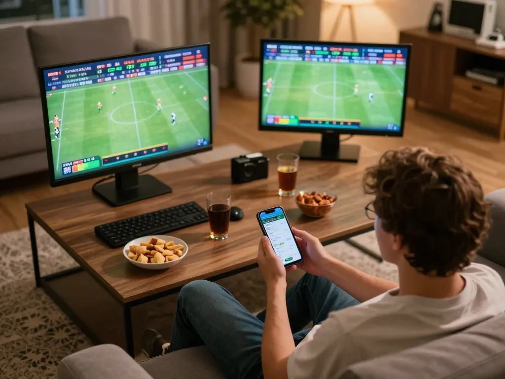 Engaging online gambling moment showing tỷ lệ bóng đá kèo nhà cái through sports betting on multiple screens at home