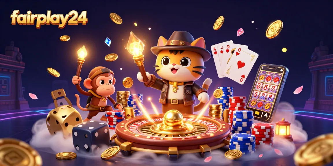 Discover exciting gaming adventures with fairplay24 in a dynamic 3D illustration of casino artifacts.