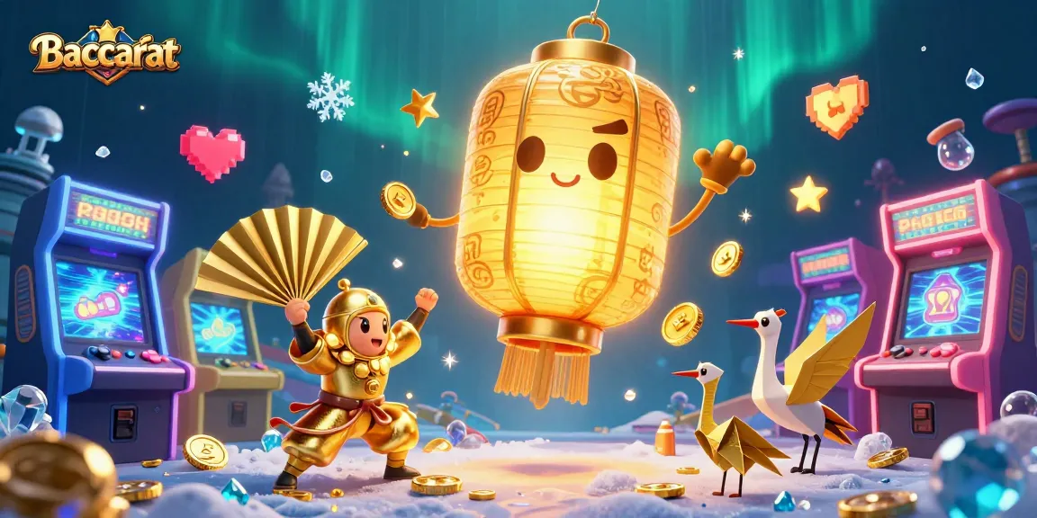 Engage with Baccarat in a vibrant 3D casino scene featuring golden lanterns and game elements.