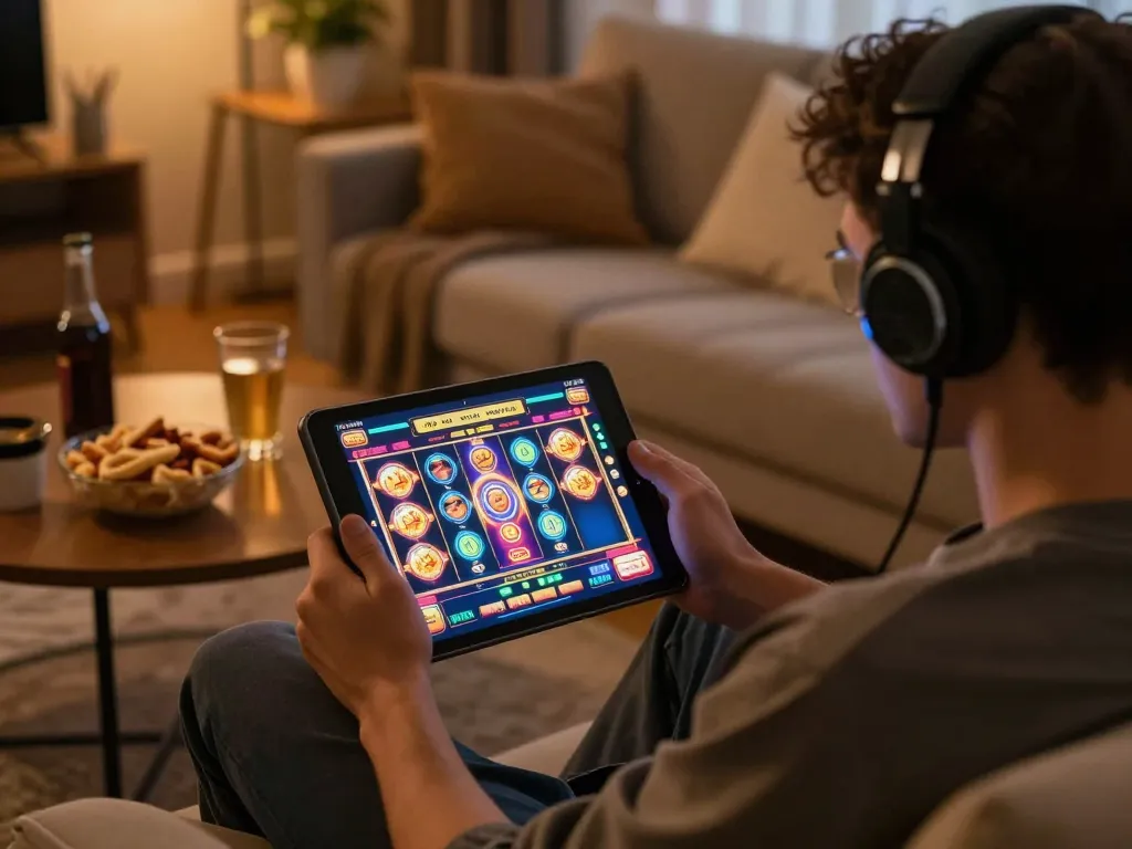 Engaging player spins slot online games on tablet in cozy home setup.