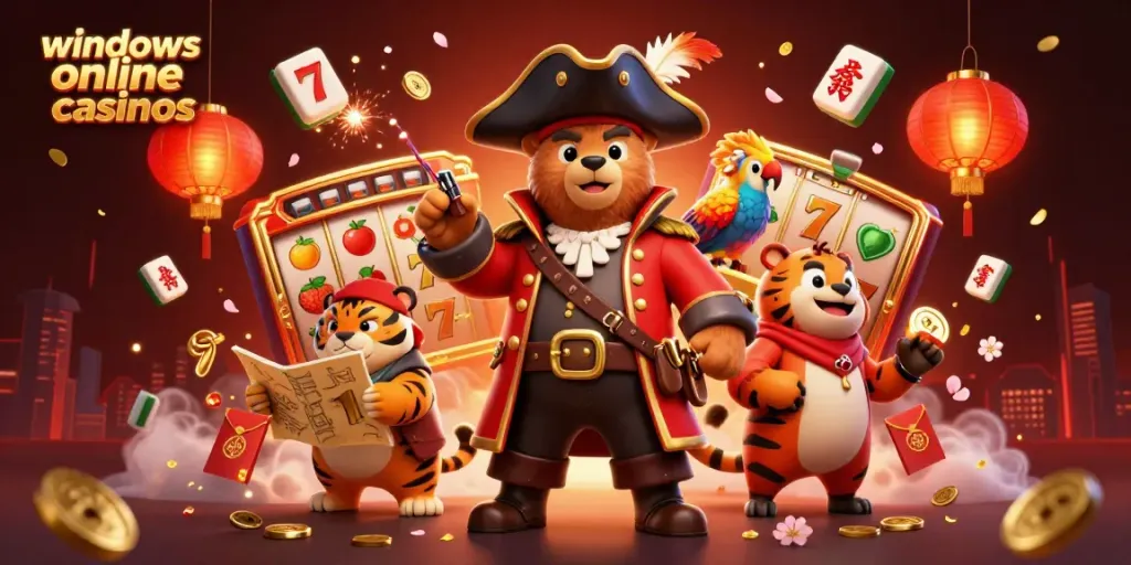 Engaging scene showcasing windows online casinos with a cartoon pirate captain bear, tiger, and treasures in a vibrant casino atmosphere.