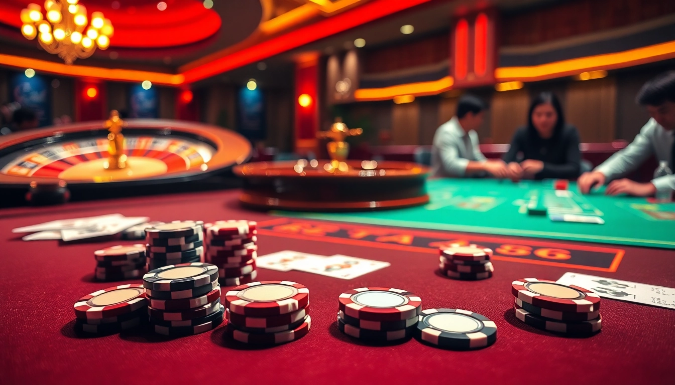 Players enjoying a high-stakes poker game at mm88 casino featuring deluxe poker chips.