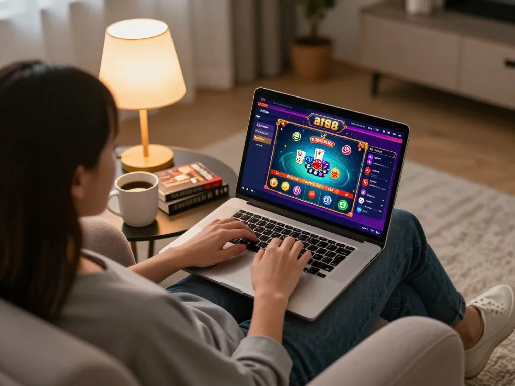 Engaging in af88 online gambling with vibrant gameplay displayed on a cozy home setup.