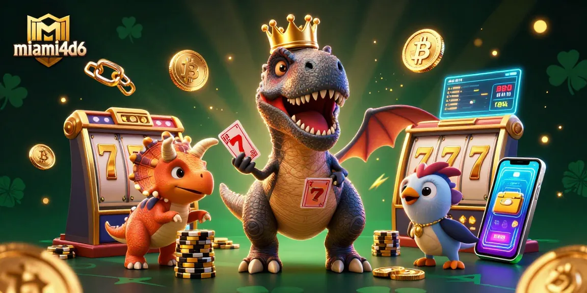 Engage with miami4d6's exciting slot action featuring a friendly T-Rex, crypto coins, and vibrant gaming elements.