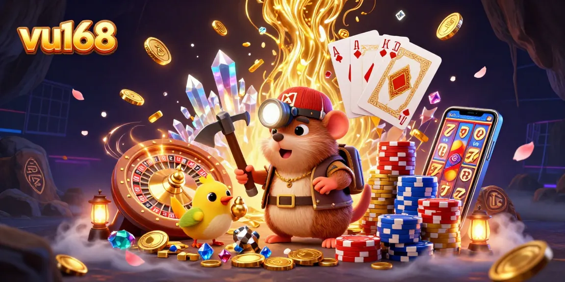 Vu168 showcases an exciting 3D treasure hunting scene with animated characters and casino elements for gaming enthusiasts.