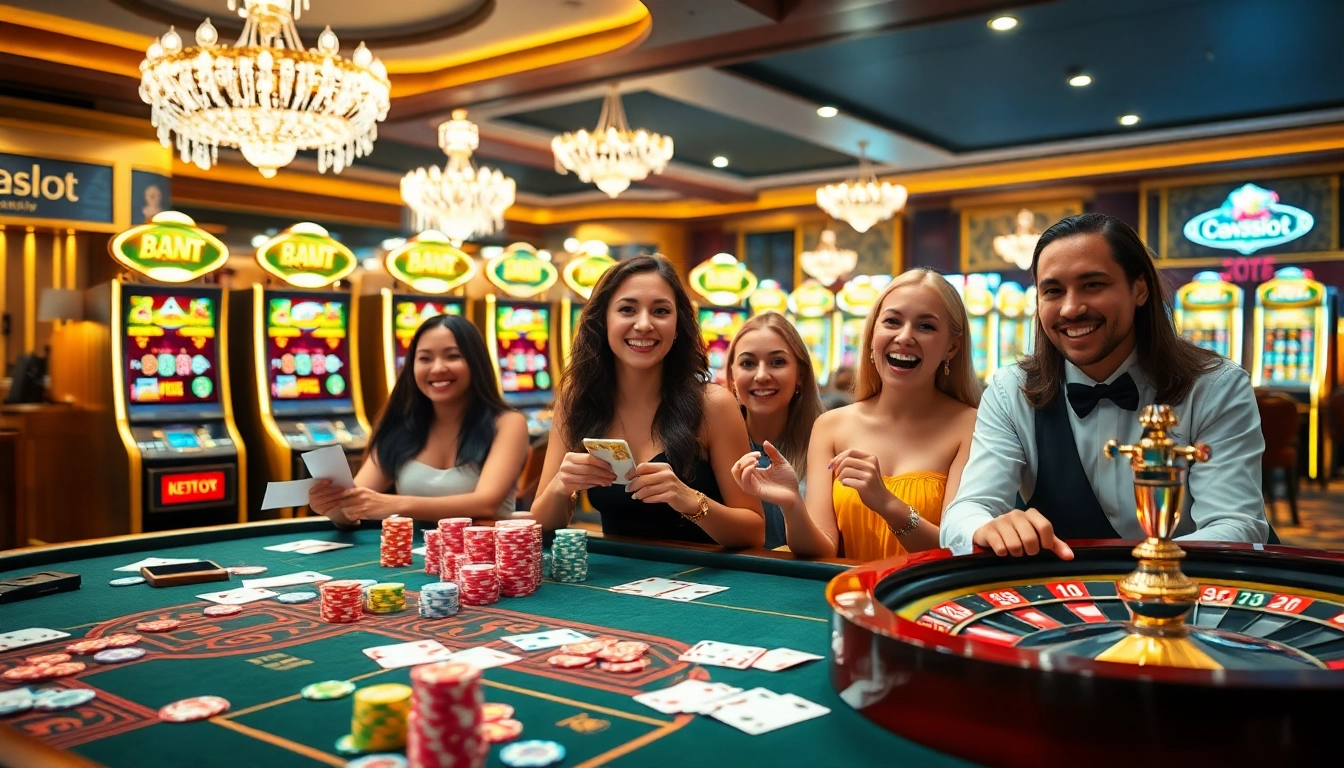 Players winning big on dewaslot with poker chips and cards at a luxurious casino table.