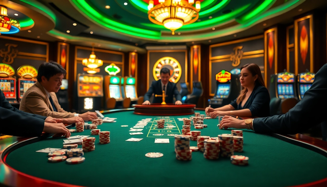 Experience the thrill of game bài đổi thưởng as players engage at a luxurious casino table.