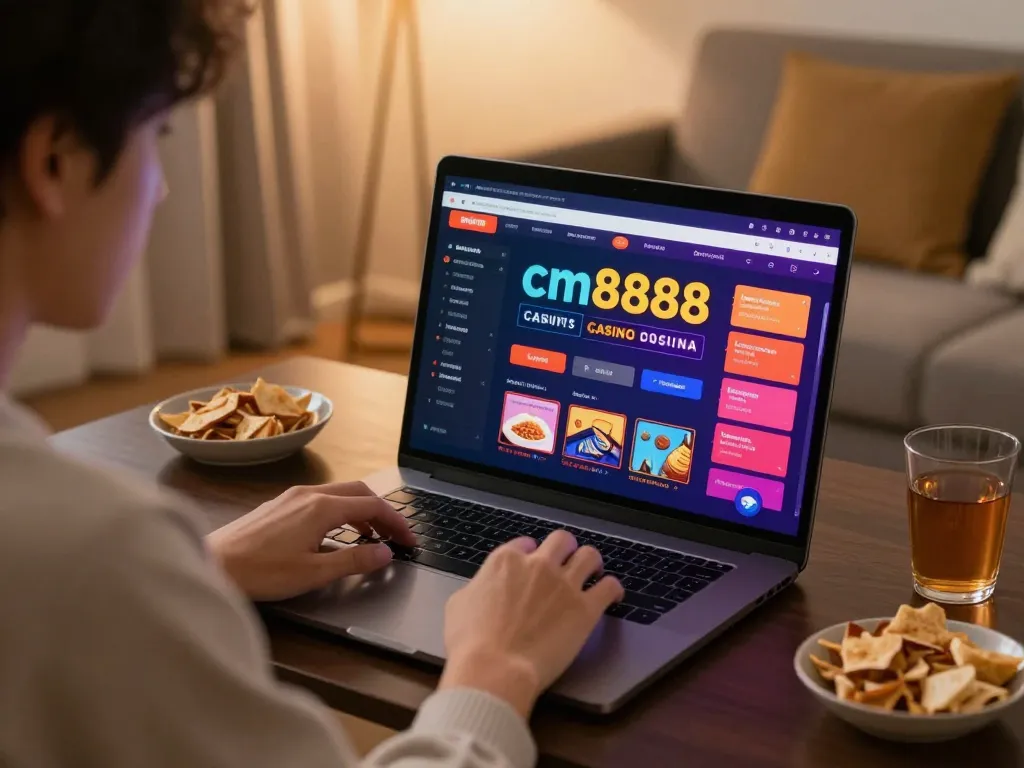 Person playing casino games on laptop featuring cm8888 interface in cozy home setting.