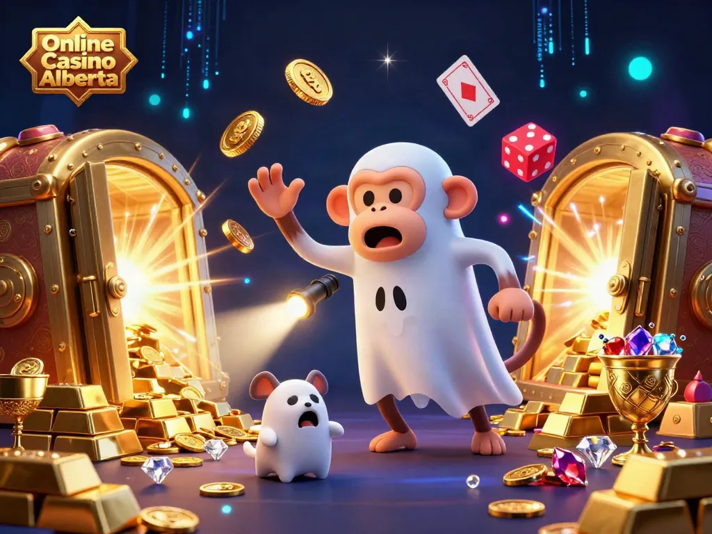 Engage with Online Casino Alberta through a thrilling scene featuring a playful poltergeist monkey in a haunted casino.