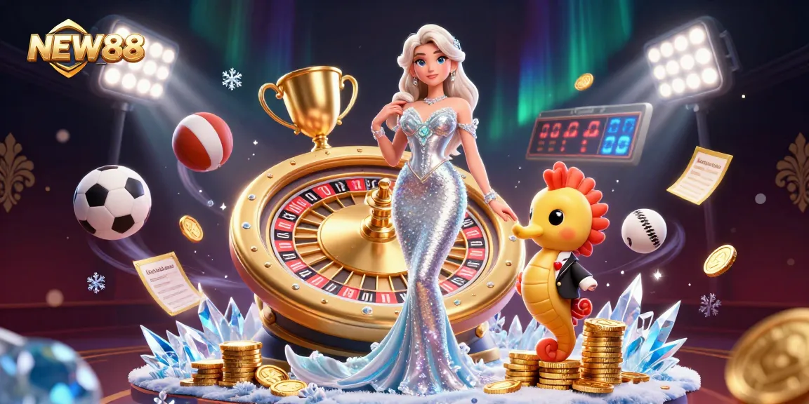 Engage with NEW88's thrilling gaming experience featuring a glamorous roulette scene embellished with vibrant sports elements.