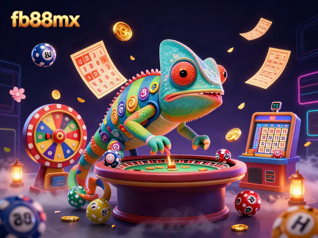 Experience the vibrant world of fb88mx with colorful casino elements and a dynamic chameleon owner.