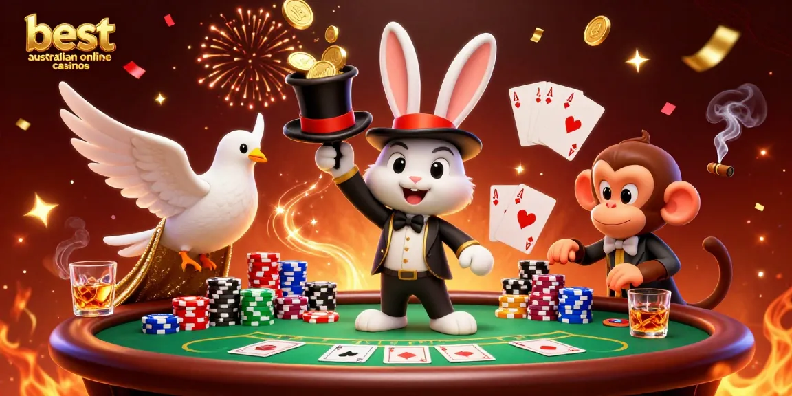 Experience the thrill of the best australian online casinos with a vibrant gambling scene featuring a magician, dove, and monkey in action.
