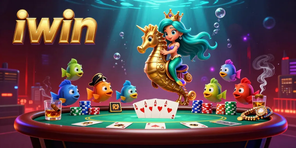 iwin captures excitement with a vibrant casino scene featuring a colorful animated mermaid and poker elements.