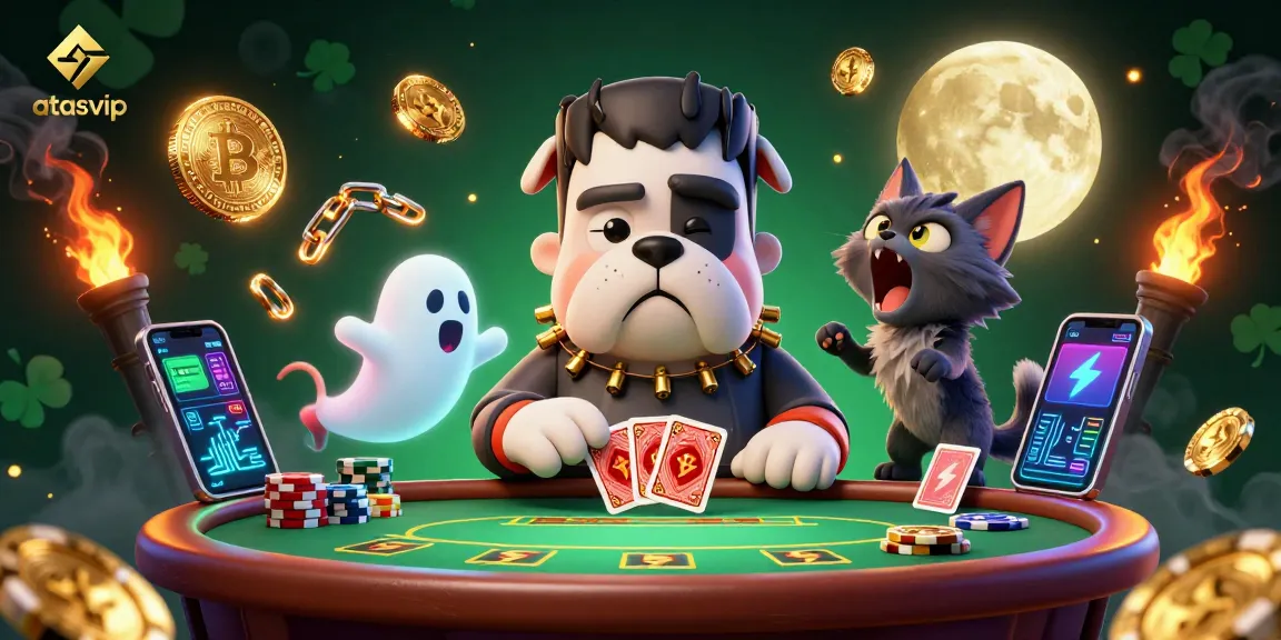 Engage with atasvip at a lively poker table, featuring cartoon characters and crypto coins.