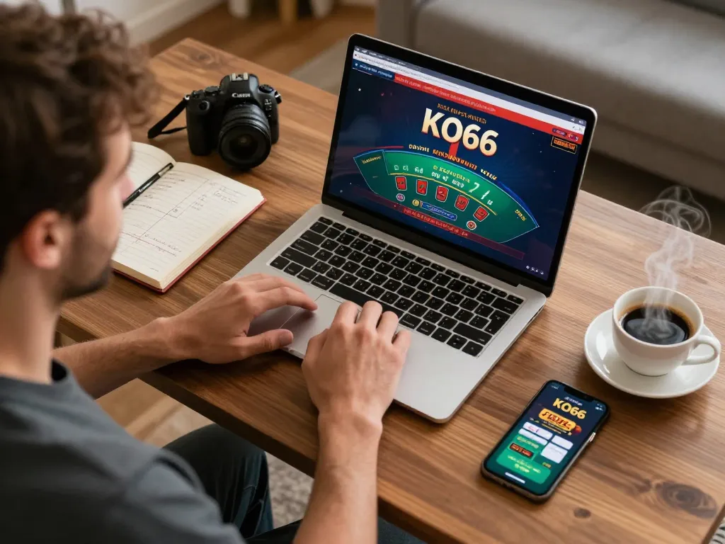 Player enjoying blackjack on KO66 app at home, focused on gaming while taking strategic notes.