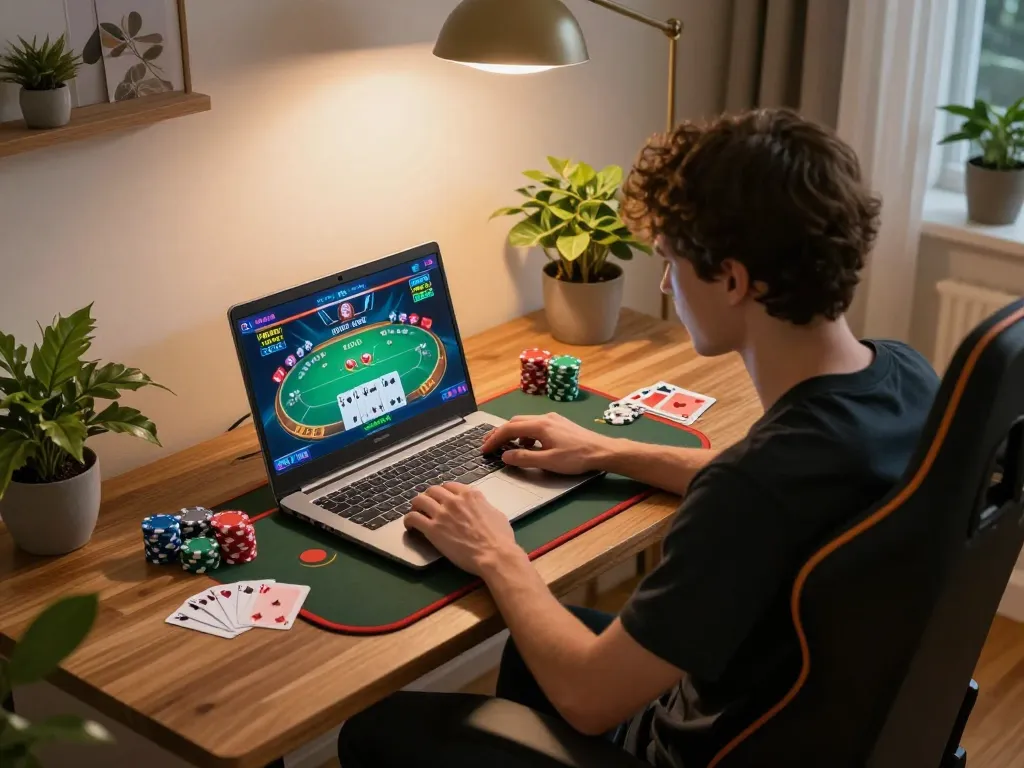 Engage with Canadian online casinos on a laptop in a cozy home setup, showcasing exciting gameplay and strategy.