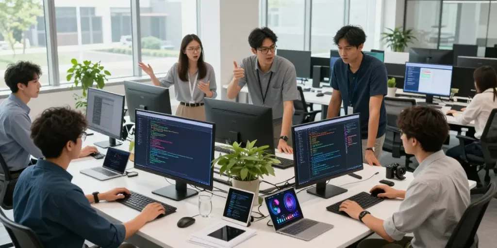 A80 information platform in a modern tech workspace with developers collaborating.