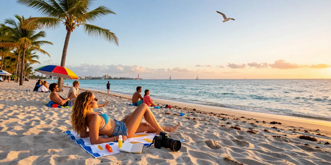 https://miami4d.com/ di pantai Miami saat matahari terbenam, pengunjung bersantai di pasir putih.