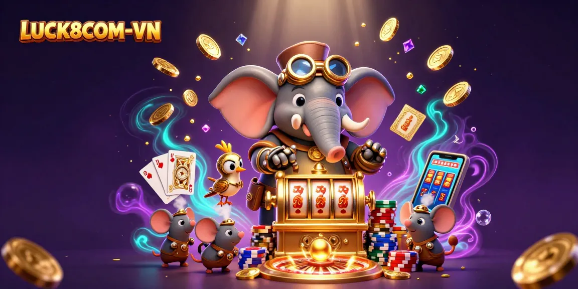 Engage with LUCK8COM-VN's vibrant gaming scene, featuring a steampunk elephant and golden slot machines.