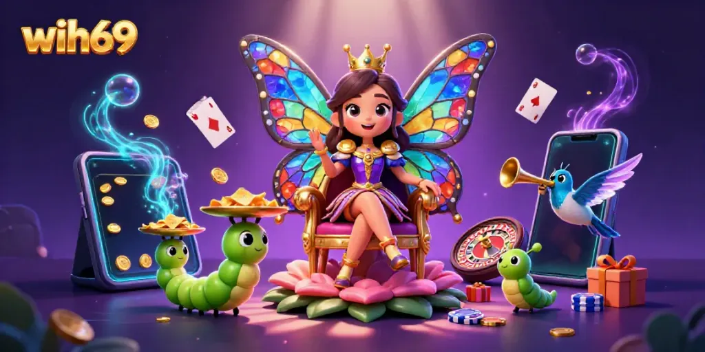 Permainan slot wih69 dengan ratu kupu-kupu tiga dimensi yang berwarna-warni dan chip emas untuk para pemain.